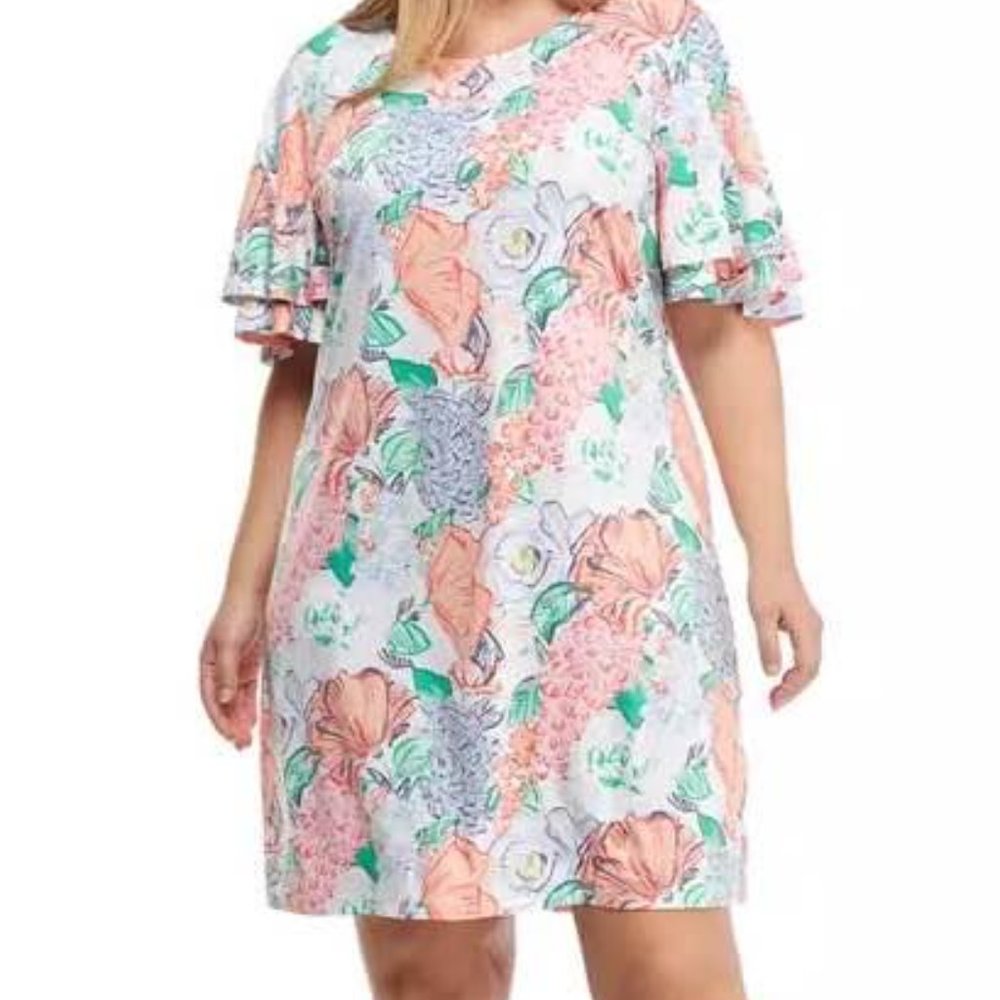 BNWT Kim Rogers Dress Floral White Multicolor Ruffle Sleeve 3XL